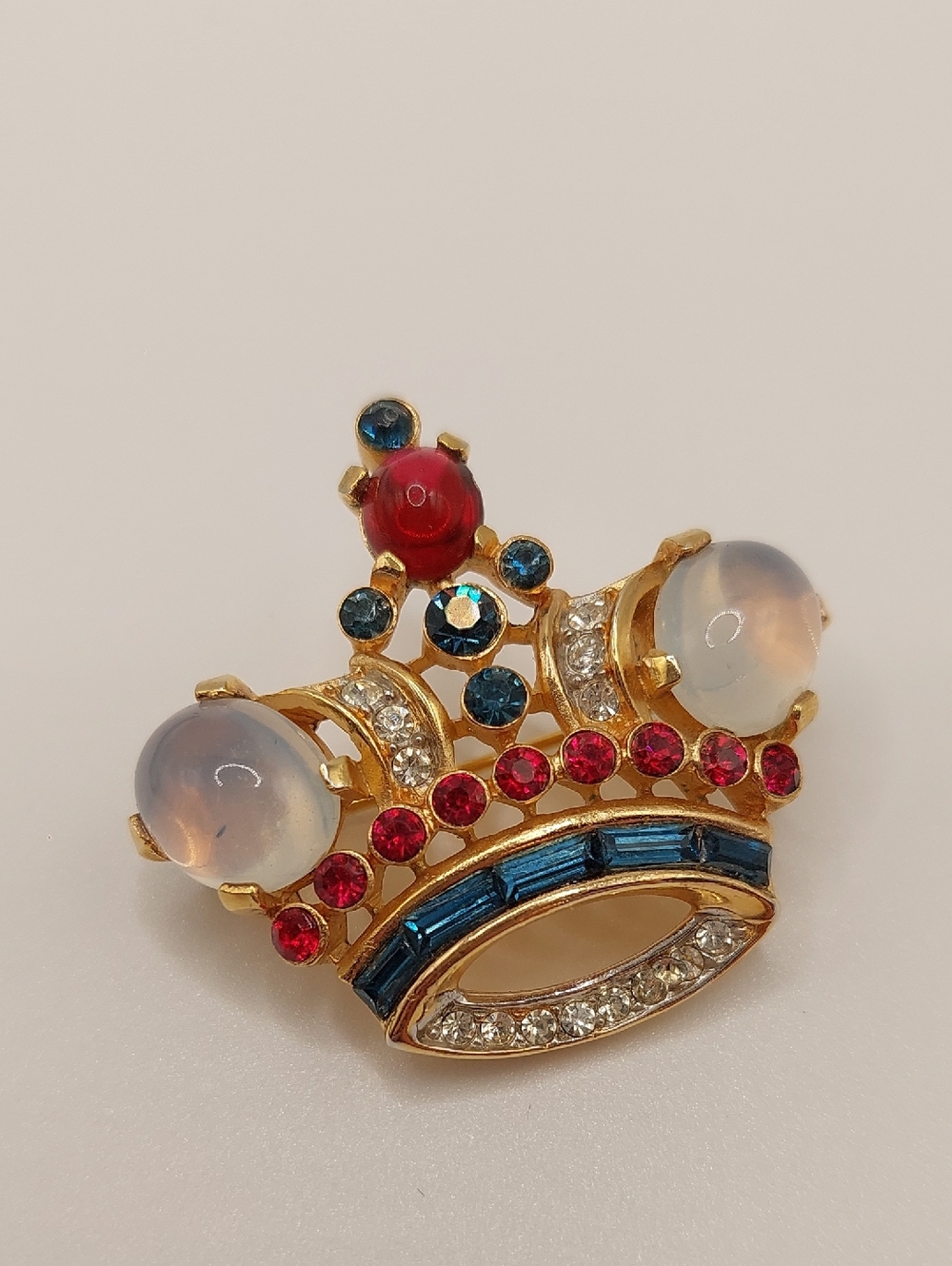Crown Trifari Alfred Philippe Crown Brooch with Red, Blue and Opalescent Stones